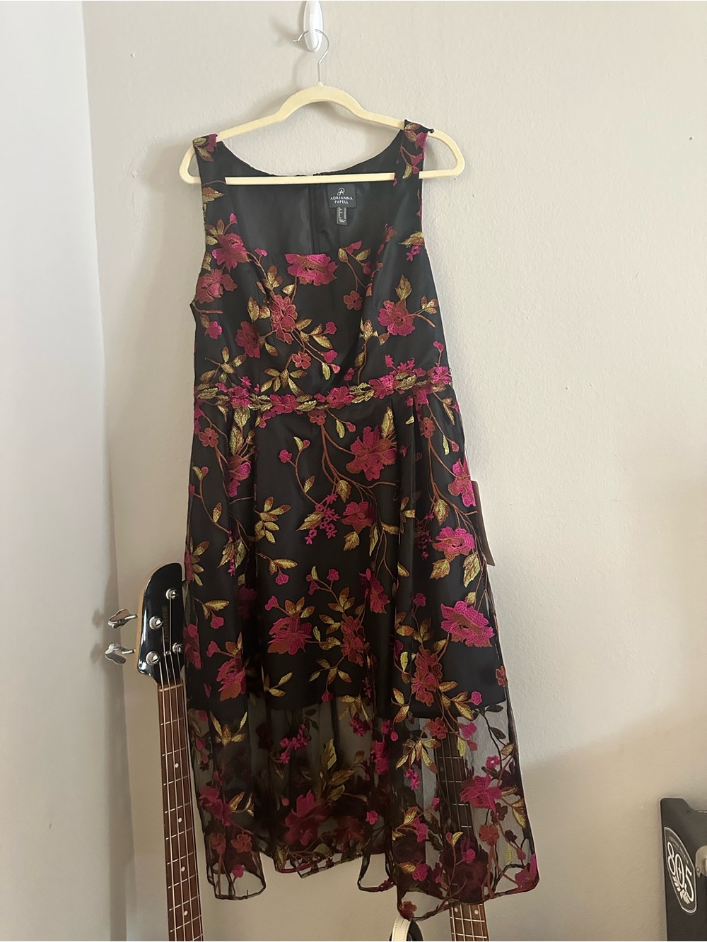 Adrianna Papell Embroidered Floral Midi Dress with Magenta Embroidery Sheer NWT - Picture 7 of 10